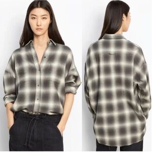Vince Raw Hem Wool blend Flannel Plaid Button Up Oversized Boyfriend Shirt Med.